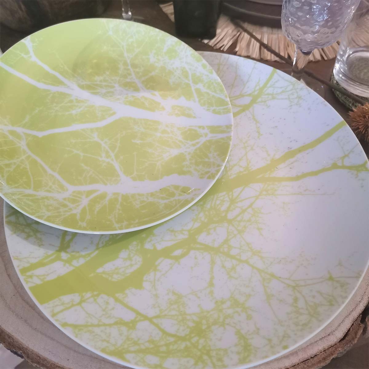 Composition Assiette plate blanche avec motif en branches