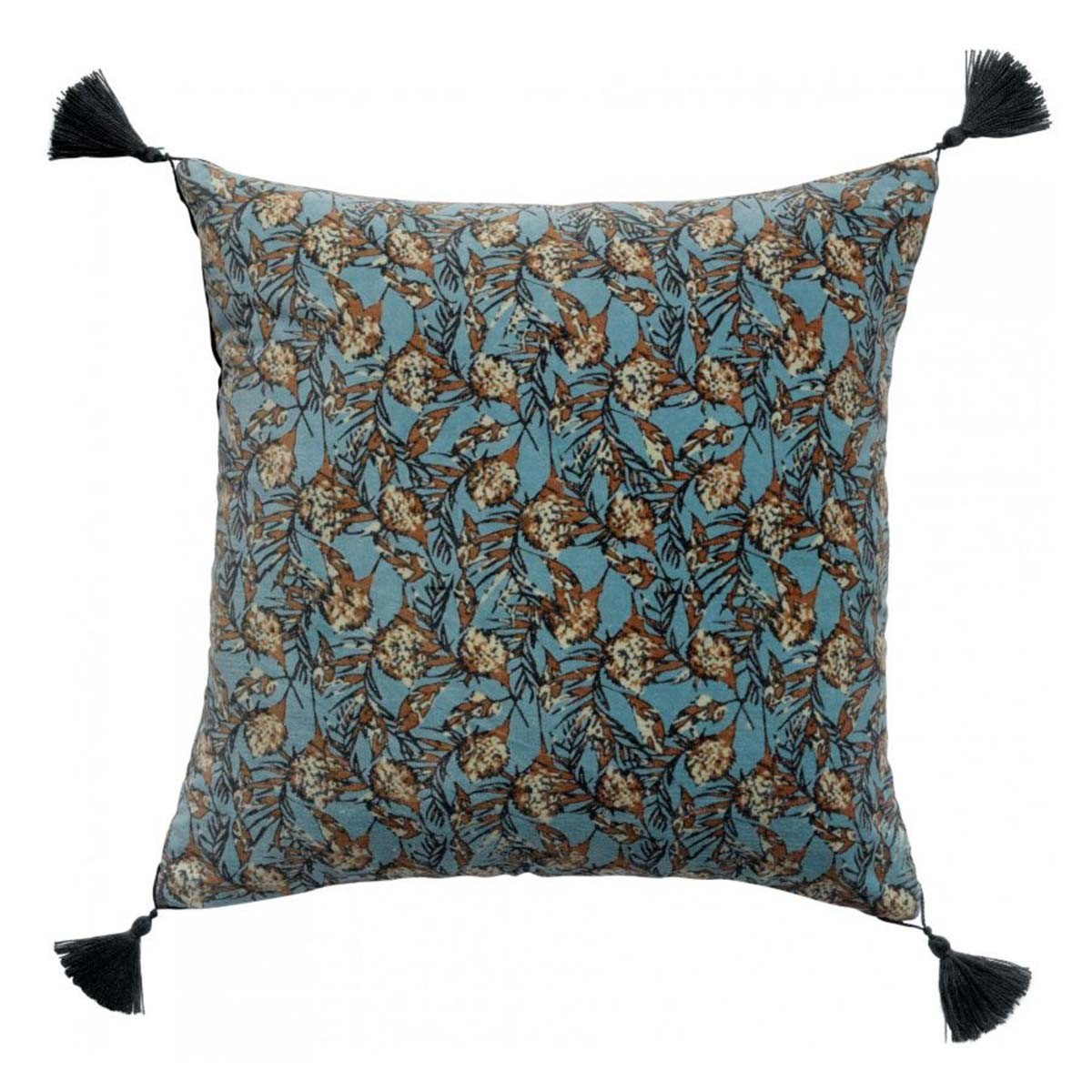 Coussin carré en coton bleu motif fleurs avec pompon