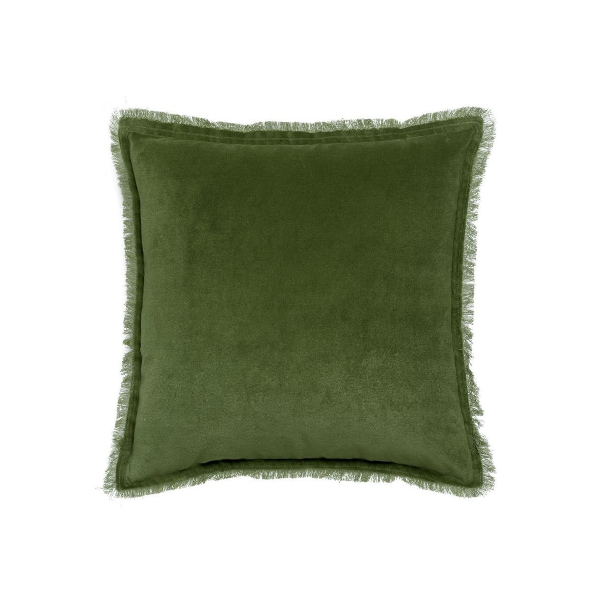 Coussin carré en coton vert foncé avec frange