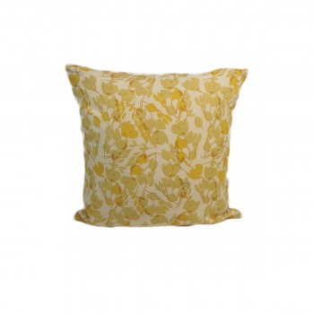 Coussin carré en coton et lin jaune et fleurs