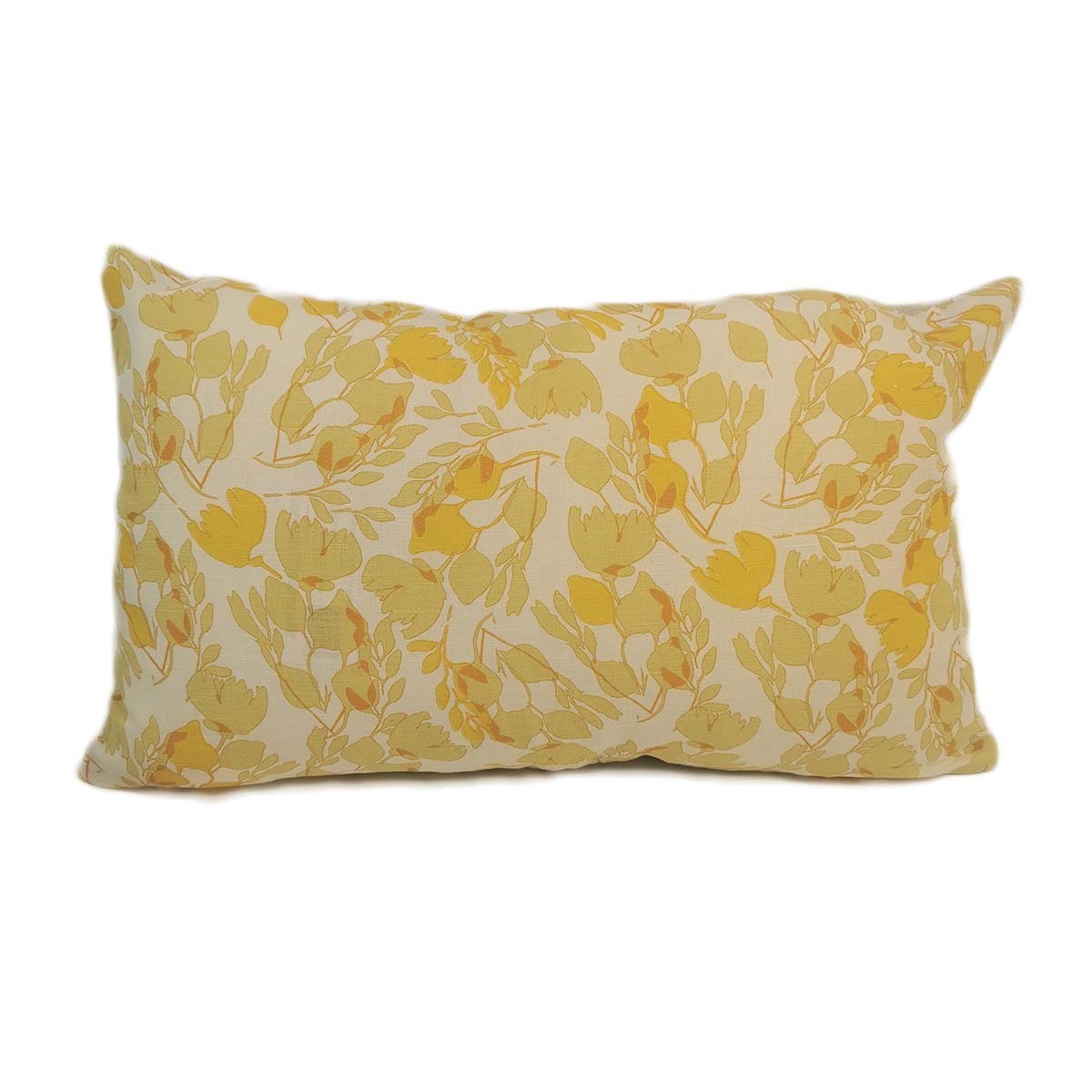 Coussin rectangulaire en coton et lin jaune et fleurs
